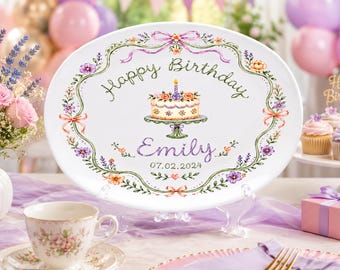 Custom Birthday Platter, Personalized Floral Cake Plate, Baby Girl Keepsake Gift, Name Ceramic Tray, Anniversary Gift 2026, Family Gift
