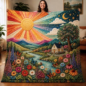 May include: A large rectangular quilt featuring a vibrant landscape scene with a bright yellow sun, a crescent moon, and stars in the sky. The design includes a small house, a winding river, a large tree, and colorful flowers with butterflies.