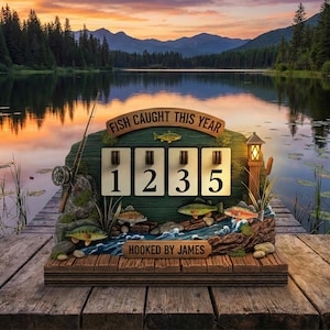 Puede incluir: Un contador de madera con temática de pesca con el texto "FISH CAUGHT THIS YEAR" y el número "1235". El contador está situado frente a un paisaje lacustre con una caña de pescar y una lámpara. La base dice "HOOKED BY JAMES".