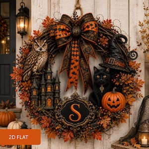 Puede incluir: Una corona de Halloween con un gran lazo estampado en naranja y negro, un búho marrón, un gato negro con sombrero de bruja, una casa encantada en miniatura, una calabaza tallada y una placa central negra con la letra S en naranja.