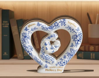 Personalized First Mothers Day Wood Plaque, Custom Mom Baby Keepsake, Heart Shape Floral Decor, New Mom Gift, Mother’s Day Gift for Her