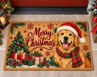 Kerstdeurmat met Golden Retriever, cadeau voor hondenliefhebbers, feestelijke voordeurmat, winterse woondecoratie, cadeau voor dierenliefhebbers, kerstcadeau 2026