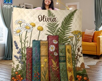 PERSONALISEERBARE bloemen boek deken Vintage boekenplank quilt deken AANPASBARE naam gezellige fleece gooien esthetische lezer cadeau voor boekenliefhebbers