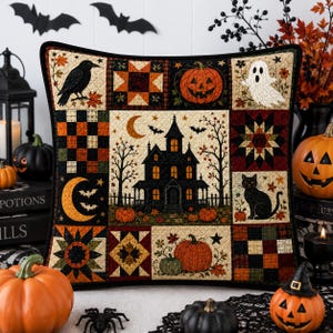 May include: A square decorative pillow featuring a patchwork design with Halloween motifs including a haunted house, a black cat, a ghost, a crow, pumpkins, stars, and a crescent moon in a color palette of orange, black, cream, and brown.