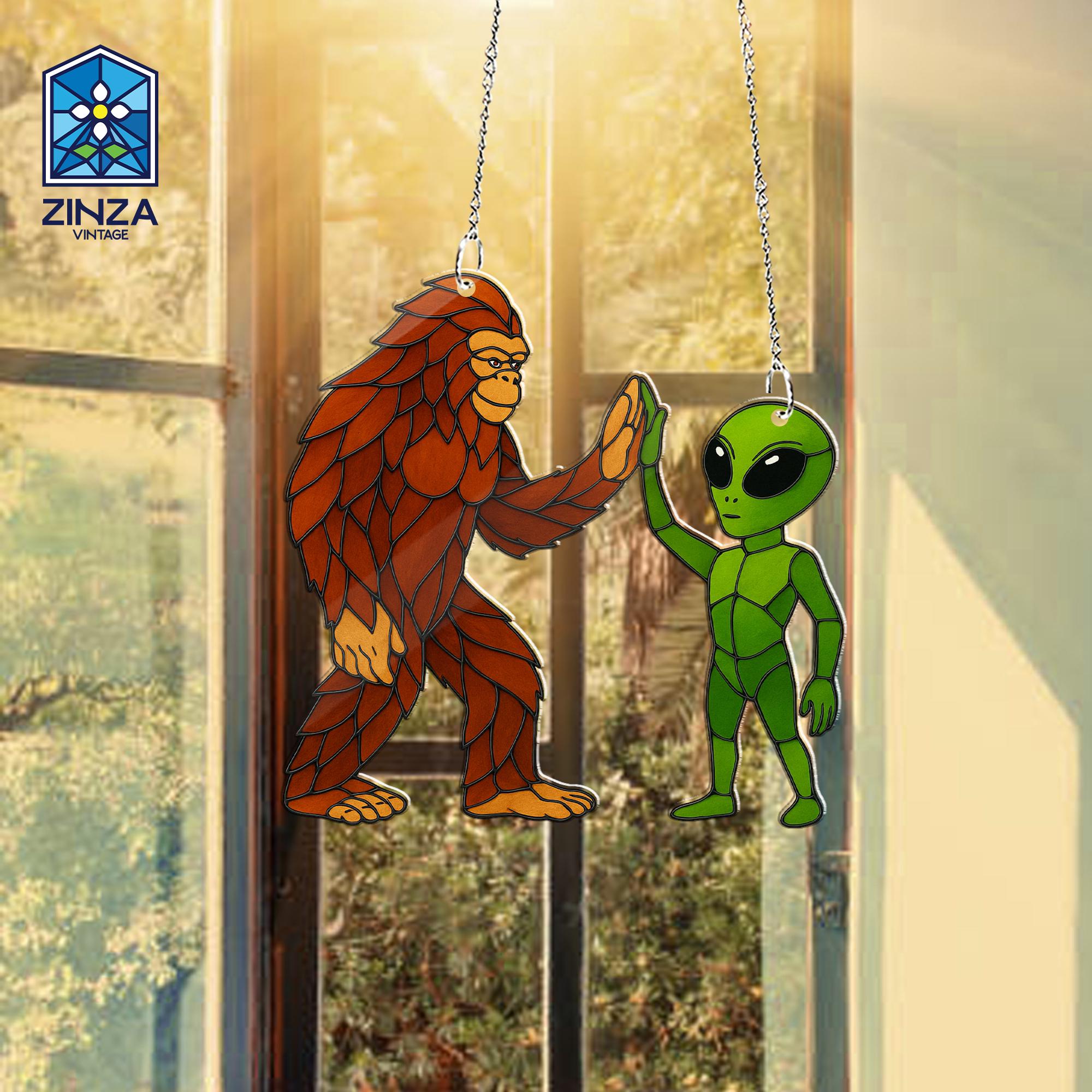 Funny Bigfoot and Alien Glass Suncatcher - Cartoon Style Window Hanging, Cryptid Gift for Believers and UFO Lovers
