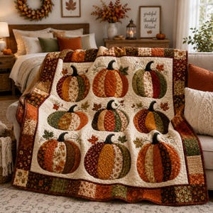 May include: A quilted throw blanket featuring a grid of nine appliqued pumpkins in various autumn-themed fabric patterns, including orange, green, and brown floral and leaf prints, set against a cream-colored background with a patchwork border.