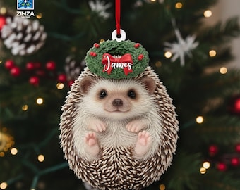 May include: A detailed Christmas ornament featuring a smiling hedgehog with a green wreath and red bow. The name "James" is written on the wreath. The ornament is suspended by a red ribbon against a blurred Christmas tree background.