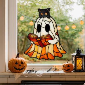 Halloween Decor Acrylic Window Hanging Ghost Cat Suncatcher Stained Glass Effect Reading Book Design Autumn Home Decor Gift for Cat Lovers