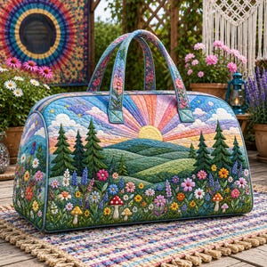 Può includere: Una borsa da viaggio trapuntata con una vivace stampa paesaggistica raffigurante un'alba su colline verdi, alberi sempreverdi e un prato pieno di fiori selvatici e funghi. La borsa è dotata di due manici in tessuto coordinati e chiusura a zip.