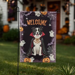 Personalisierte Halloween Hund Garten Flagge, benutzerdefinierte Haustier Willkommen Hof Dekor, Outdoor Herbst Dekoration, Geschenk für Hundeliebhaber, Halloween Porch Zeichen