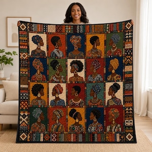 May include: A rectangular quilt featuring a grid of twenty individual portraits of Black women wearing diverse headwraps and jewelry, set against vibrant, multicolored backgrounds with a decorative geometric border in shades of red, blue, and gold.