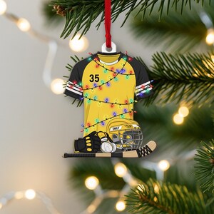 Enfeite de Natal personalizado de hóquei com nome e número, presente de Natal personalizado para jogadores, crianças ou treinadores, decoração de árvore esportiva exclusiva.