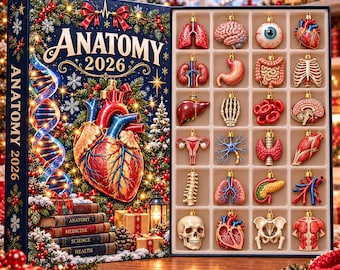 Puede incluir: Un calendario de Adviento Anatomy 2026 con un diseño festivo, una gran ilustración de un corazón y una cadena de ADN. La caja abierta muestra veinticuatro compartimentos individuales, cada uno con un adorno único de un órgano anatómico.