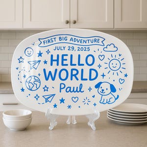 Personalized Baby Announcement Plate Customized Hello World Platter for Newborn Keepsake Nursery Decor Gift for Boy Girl Family Celebration