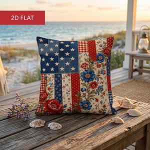 May include: A square throw pillow featuring a patchwork design with a blue section containing white stars, alongside vertical stripes of red and white floral patterns, red gingham, and small blue flowers on a cream background.