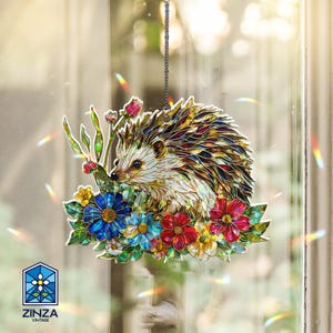 Hedgehog Holographic Acrylic Window Hanging Suncatcher Cute Animal Floral Decor Gift for Friend Coworker Birthday Nature Woodland Art