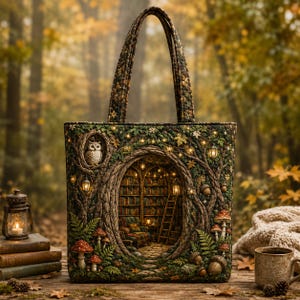 May include: A rectangular tote bag featuring a detailed print of a hollow tree trunk forming an arched entrance to a cozy library. The design includes an owl, mushrooms, ferns, acorns, and hanging lanterns, all set against a dark forest background.