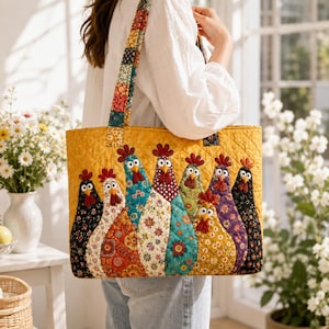 May include: A quilted tote bag featuring a vibrant patchwork design of seven chickens in various floral and patterned fabrics against a mustard yellow background. The bag has long shoulder straps made from matching colorful fabric strips.