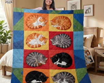 Cat Lovers Quilt Blanket Gift Cozy Kitten Art Throw for Home Decor Colorful Sleeping Cat Fleece Blanket for Family Friends Special Occasions