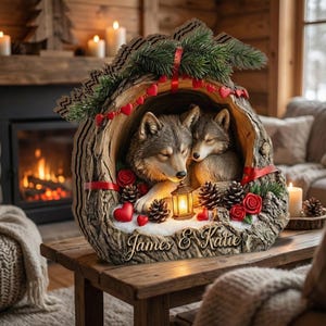 May include: A decorative sculpture featuring two sleeping wolves nestled inside a hollowed-out tree trunk. The sculpture includes red hearts, roses, pinecones, and a small lantern. The names "James & Katie" are inscribed on the base. The overall color palette is brown, red, and green.