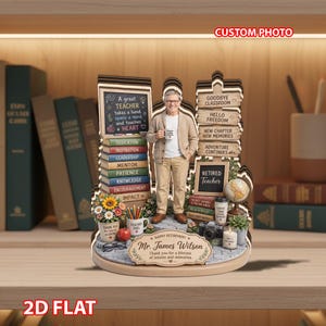 May include: A wooden teacher retirement gift featuring a figure of a man holding a mug, with text that reads "Happy Retirement Mr. James Wilson". The gift includes a chalkboard, books, and a globe, with the words "Retired Teacher".