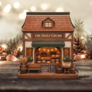 Può includere: Un modello in miniatura di panetteria con tetto di tegole rosse e tenda verde. Il negozio presenta la scritta "THE DAILY CRUMB" e mostra vari prodotti da forno. C'è un tavolino, sedie e una botte. Il cartello dice "OPEN DAILY 7am-6pm."