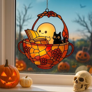 Halloween Ghost Cat Window Hanging Stained Glass Style Acrylic Suncatcher Cute Fall Decor Ideal Gift for Her Him Friends Coworkers Family