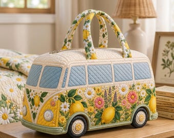 Personalisierte gesteppte Wochenendtasche, Zitronenblumen-Campertasche, Vintage Van Reisetasche, Benutzerdefiniertes Urlaubsgeschenk, GESCHENK 2026