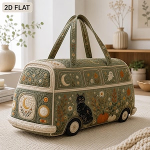 May include: A sage green quilted tote bag shaped like a vintage van, featuring embroidered motifs of a black cat, pumpkins, a ghost, crescent moons, and wildflowers. The bag has two top handles and a cream-coloured trim, with the text 2D FLAT.