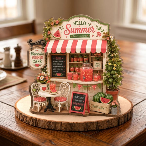 Summer Watermelon Cafe Wooden Block, Custom Shape Shelf Decor, Farmhouse Kitchen Accent, Seasonal Display, GIFT 2026