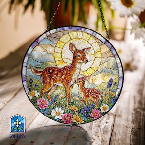 Deer and Fawn Suncatcher Window Hanging Acrylic Wildlife Forest Decor Stained Glass Style Gift for Nature Lover Mom Nursery Animal Art