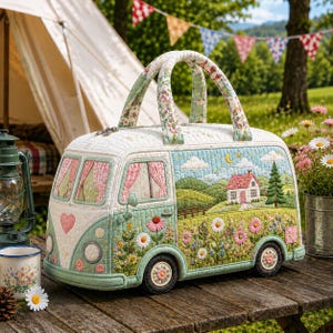 Puede incluir: Un bolso de tela acolchada con forma de furgoneta vintage, en tonos verde claro y blanco. El exterior muestra patrones florales bordados, una pequeña casa y colinas. Incluye dos asas acolchadas y un cierre superior con cremallera.