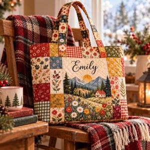 May include: A quilted tote bag featuring a patchwork design of floral and gingham patterns in red, green, and yellow. The center panel displays a landscape illustration of mountains, a cabin, and wildflowers with the name Emily printed above.