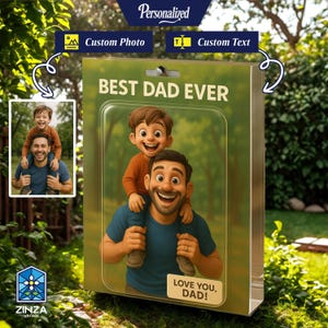 Blocco di figure in acrilico personalizzato "Il miglior papà di sempre", regalo ideale, ricordo di cartone animato personalizzato con foto e targhetta per lui, festa del papà, compleanno