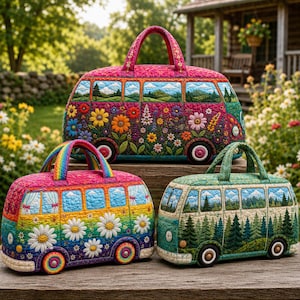 May include: Three quilted bags shaped like vintage vans. The largest is pink with a floral landscape. The bottom left bag features a rainbow gradient with white daisies. The bottom right bag displays a green forest scene with pine trees.