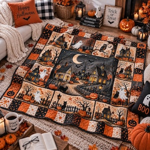 Colcha personalizada de Halloween, manta de vila assombrada, decoração rústica assustadora para casa, presente de outono, presente de 2026, lembrança personalizada com nome, lar aconchegante.