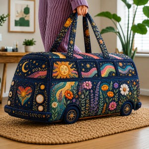 May include: A dark blue quilted duffel bag shaped like a vintage van, featuring embroidered celestial motifs including a sun and crescent moon, colorful floral patterns, and a heart emblem on the front. The bag has two sturdy top handles.