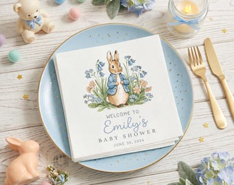 Servet babyshower, gepersonaliseerd servet katoenen keperstof, tafeldecor konijn bloemen, aangepast servet Emily, couvert feest, cadeau 2026-set
