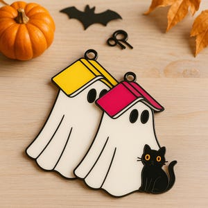 Ghost Window Hanging Halloween Decor Acrylic Black Cat Ornament Cute Book Ghost Suncatcher Good  Gift for Friends Coworkers Family Loved One