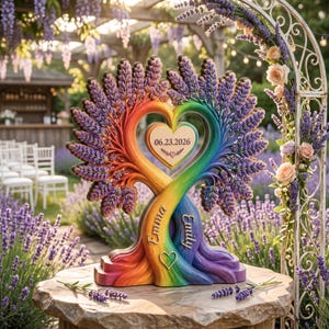 May include: A rainbow-colored wooden tree sculpture featuring two intertwined trunks with the names Emma and Emily engraved, topped with purple lavender-like foliage and a central heart plaque displaying the date 06.23.2026 and a small heart icon.