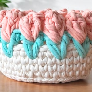 Small Crochet Storage Basket – Handmade T-shirt Yarn Organizer in White, Mint and Pink – Mini Decorative Bin for Bathroom, Nursery or Desk