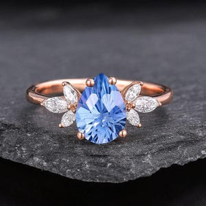 Pear Cut Cornflower Sapphire Engagement Ring Cluster Marquise Cut Moissanite Wedding Ring Handmade Anniversary Gift for Wife Rings for Women