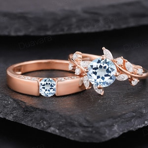 2pcs Natural Round Aquamarine Couple Wedding Ring Marquise Cut Moissanite Twig Engagement Ring Men&#39;s Aquamarine Wedding Band Couple Jewelry