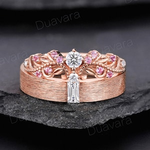 Nature Art Moissanite Flower Wedding Ring Baguette Moissanite Men&#39;s Wedding Band His and Hers Matching Ring Rose Gold Engraved Couple Ring