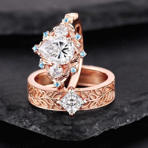 14k Gold Moissanite Couple Ring Set Nature Inspired Leaf Men&#39;s Wedding Band His and Hers Promise Ring Anniversary Gift for Men and Women