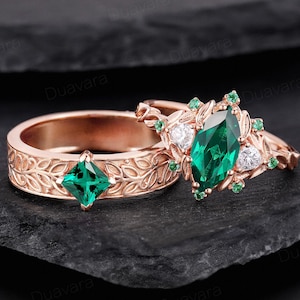 2pcs Emerald Floral Couple Ring 14k Gold Emerald Wedding Band for Men and Women Nature Inspired Leaf Promise Ring His and Her Matching Ring