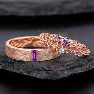 Natural Baguette Amethyst Couple Wedding Band Nature Inspired Leaf Flower Amethyst Wedding Ring For Men and Women Custom Couple Promise Ring