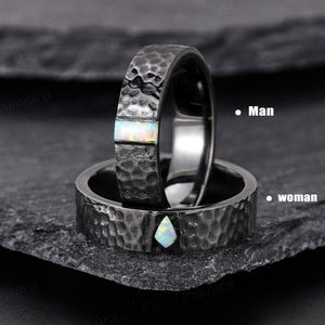 Gothic White Fire Opal Couple Ring Set Unique Hammered Men&#39;s Wedding Band His and Hers Ring Personalized Opal Anniversary Rings for Couple