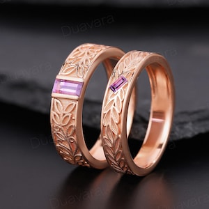 Vintage Amethyst Couple Ring Set Nature Inspired Amethyst Leaf Men&#39;s Wedding Band His and Hers Matching Wedding Ring Solid Gold Couple Ring