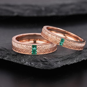 Vintage Princess Emerald Engraved Couple Ring Set 14k Gold Matching Couple Wedding Ring Set promise Ring For Men For Women Rings for Husband